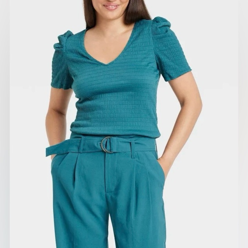 •Large• New Ladies Target A New Day Teal Blue Puff Sleeve Smocked Top
